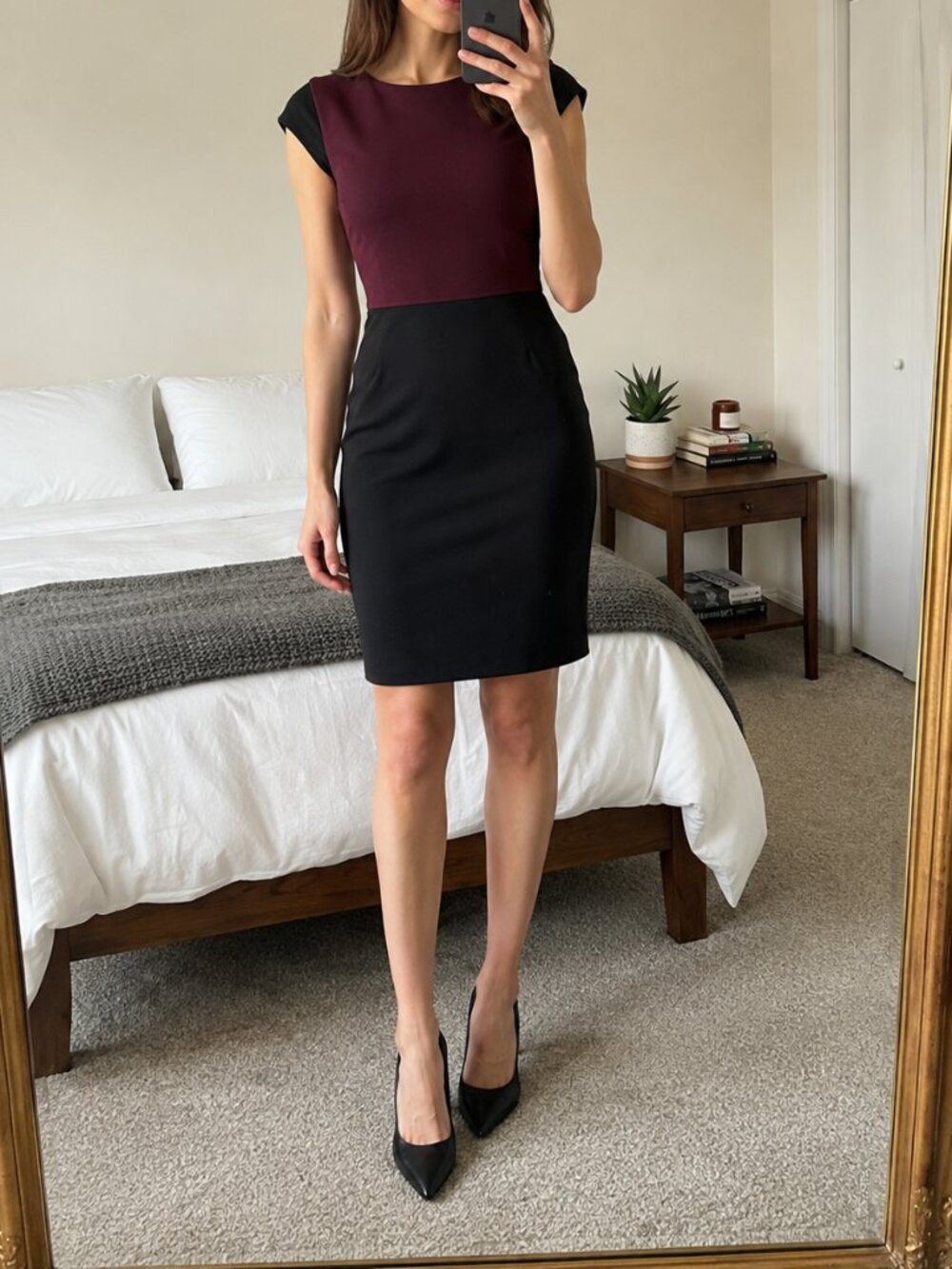 AQUA Burgundy & Black Colorblock Sheath Dress (Size XS) Workwear